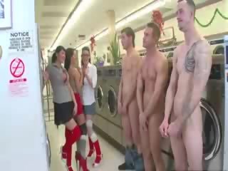 Youths stand in line to get sucked by clothed babes