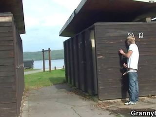 Blonde grandma screwed in public changing room